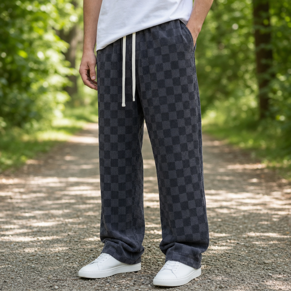 Lucca Checkered Corduroy Sweatpants in Dark Gray