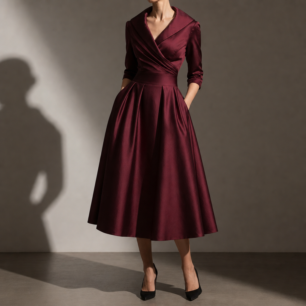 Skyros Elegant Satin Midi Dress in Deep Red