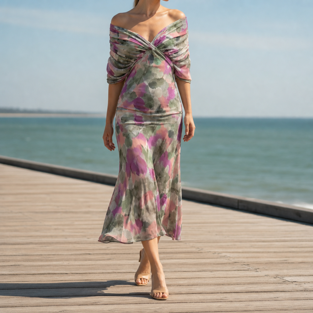 Nazare Floral Off-Shoulder Midi Dress in Green and Purple