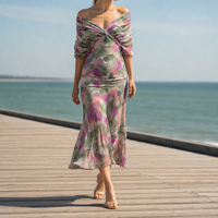 Nazare Floral Off-Shoulder Midi Dress in Green and Purple