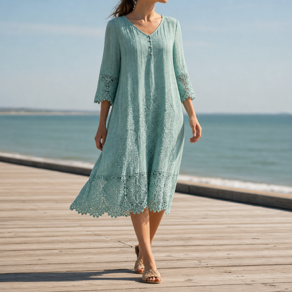 Lourmarin Lace Trim Boho Dress in Green