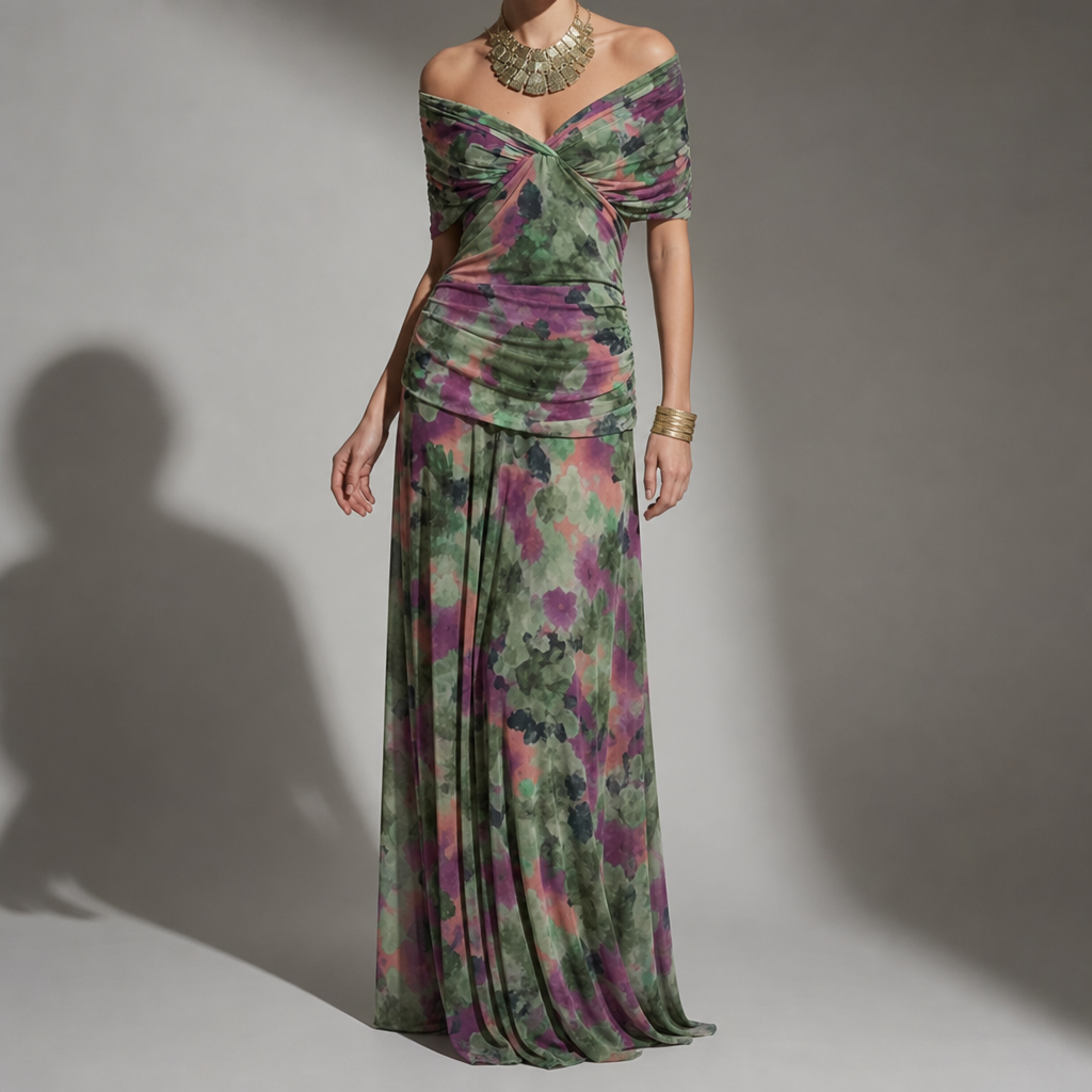 Astypalaia Off-Shoulder Ruched Maxi Dress in Green/Violet