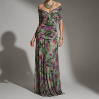 Astypalaia Off-Shoulder Ruched Maxi Dress in Green/Violet