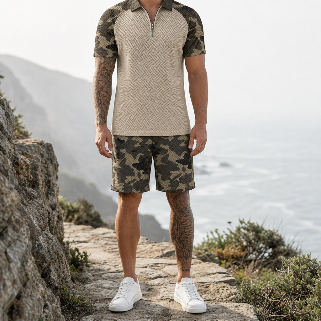 Makarska Camo Zip Polo Set in Khaki