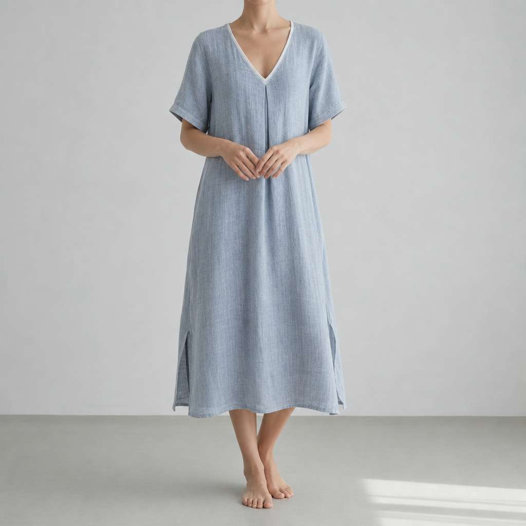Kyrenia Relaxed Linen Midi Dress in Lighte Blue