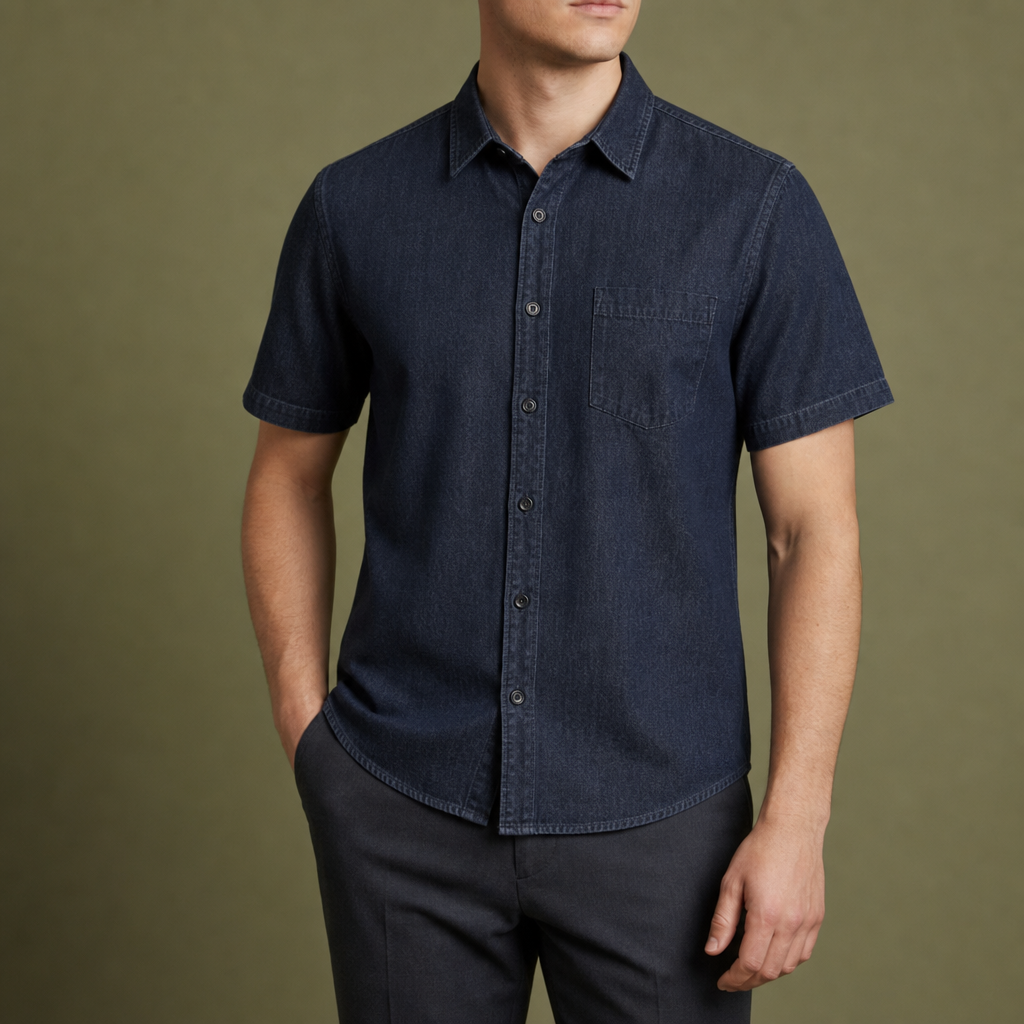 Ierapetra Short Sleeve Denim Shirt in Navy Blue