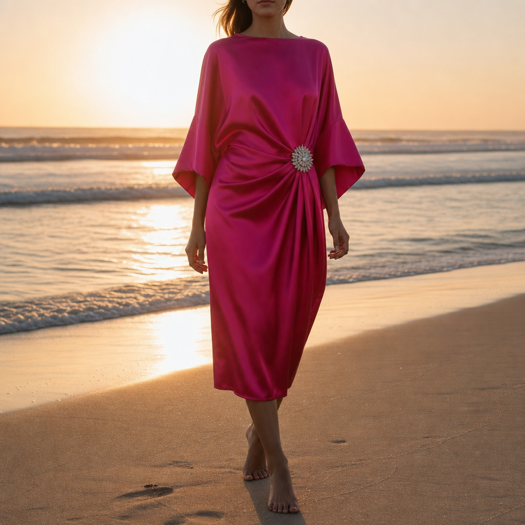 Montalcino Satin Batwing Midi Dress in Rose Red