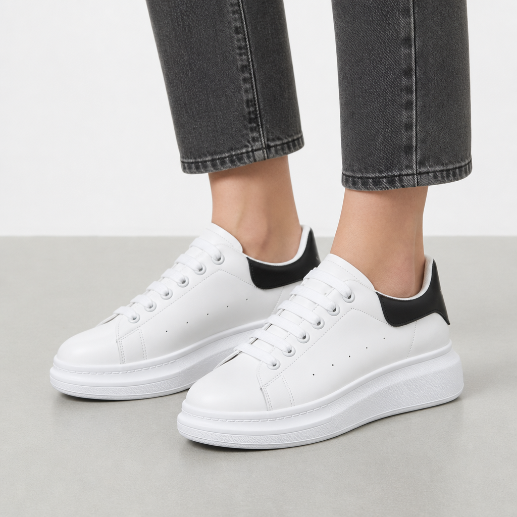 Tarifa White Platform Sneakers in White/Black