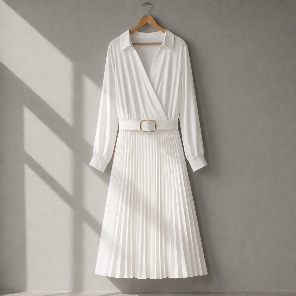Monsanto Belted Pleated Midi Dress in White