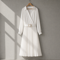 Monsanto Belted Pleated Midi Dress in White