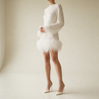 Gordes Sequin Feather Hem Dress in White