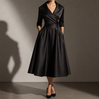 Skyros Elegant Satin Midi Dress in Black