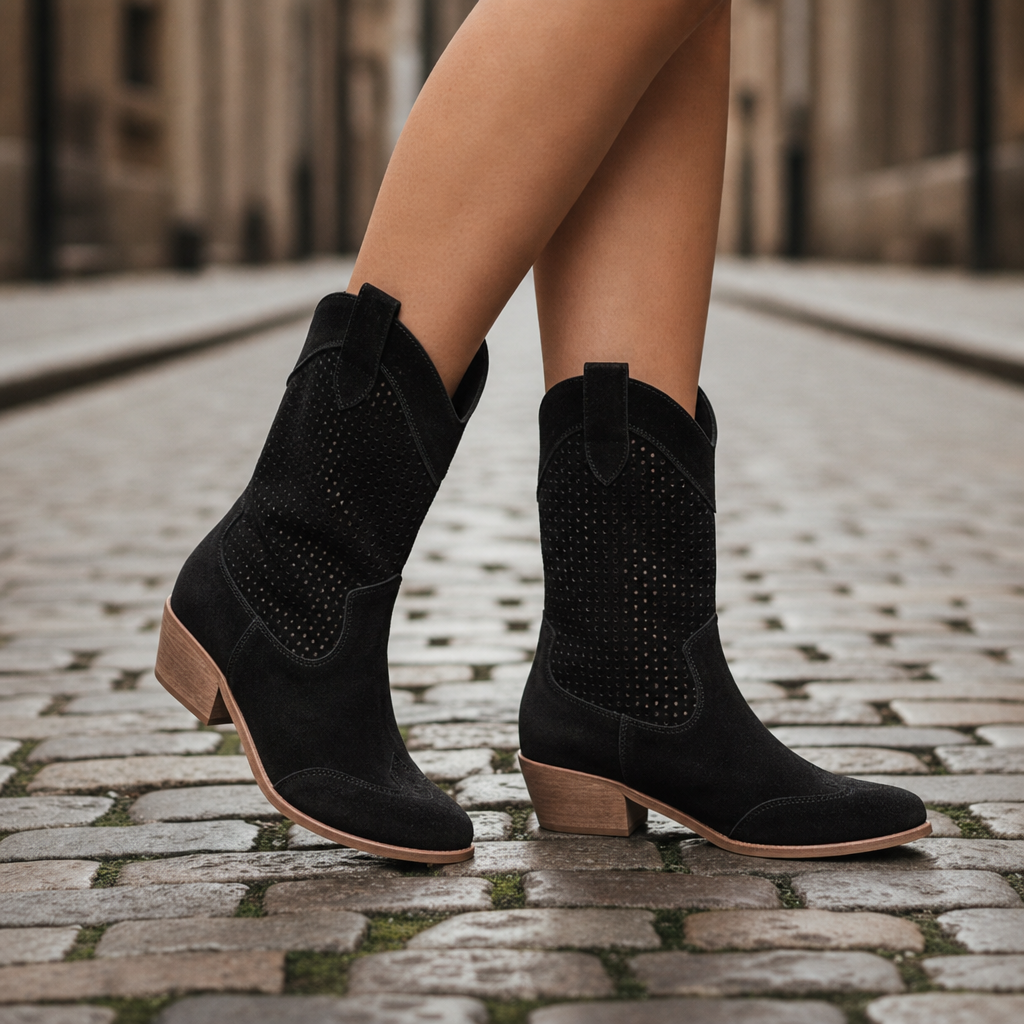 Tinos Perforated Western Cowboy Boots in Black