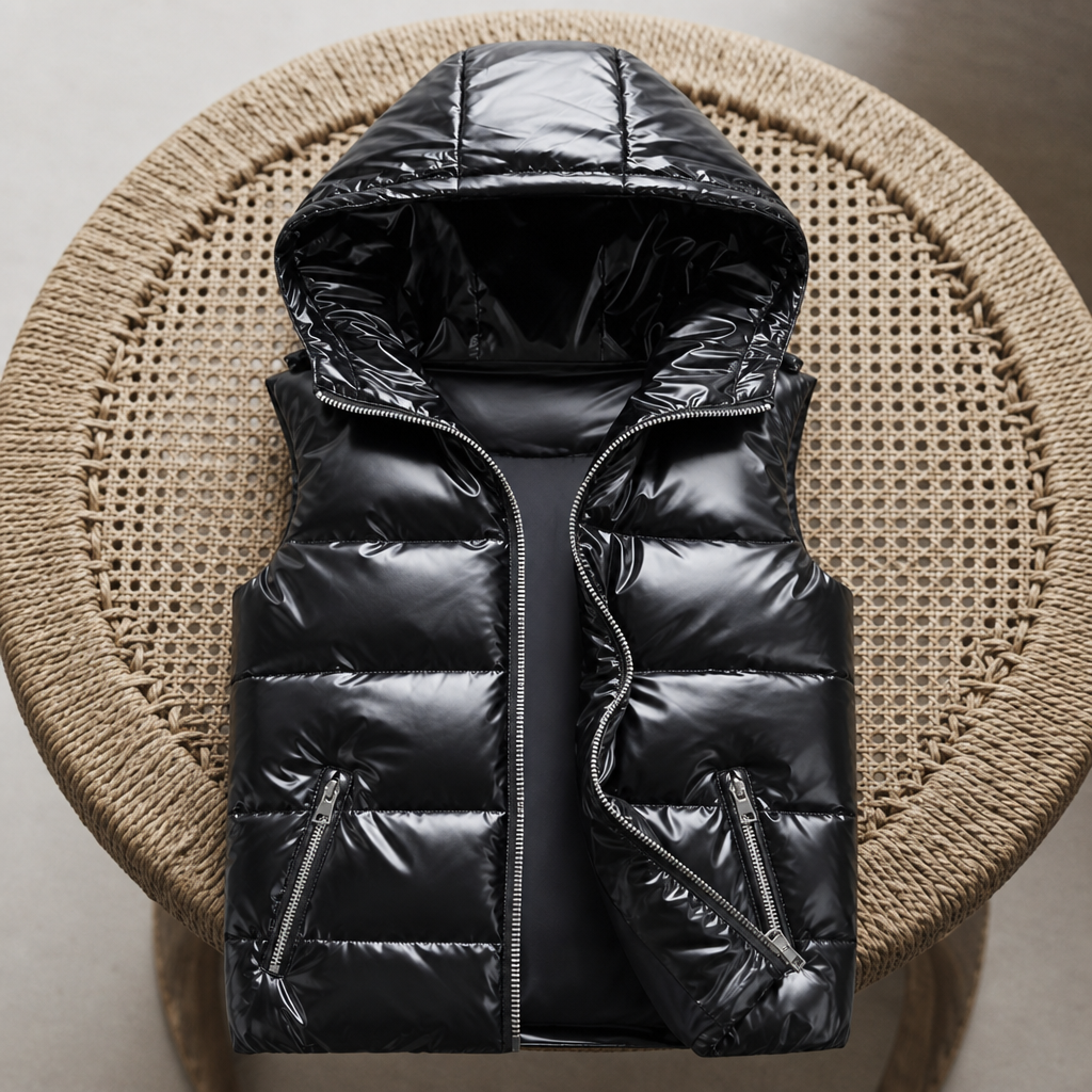 Monsaraz Metallic Hooded Puffer Vest in Black