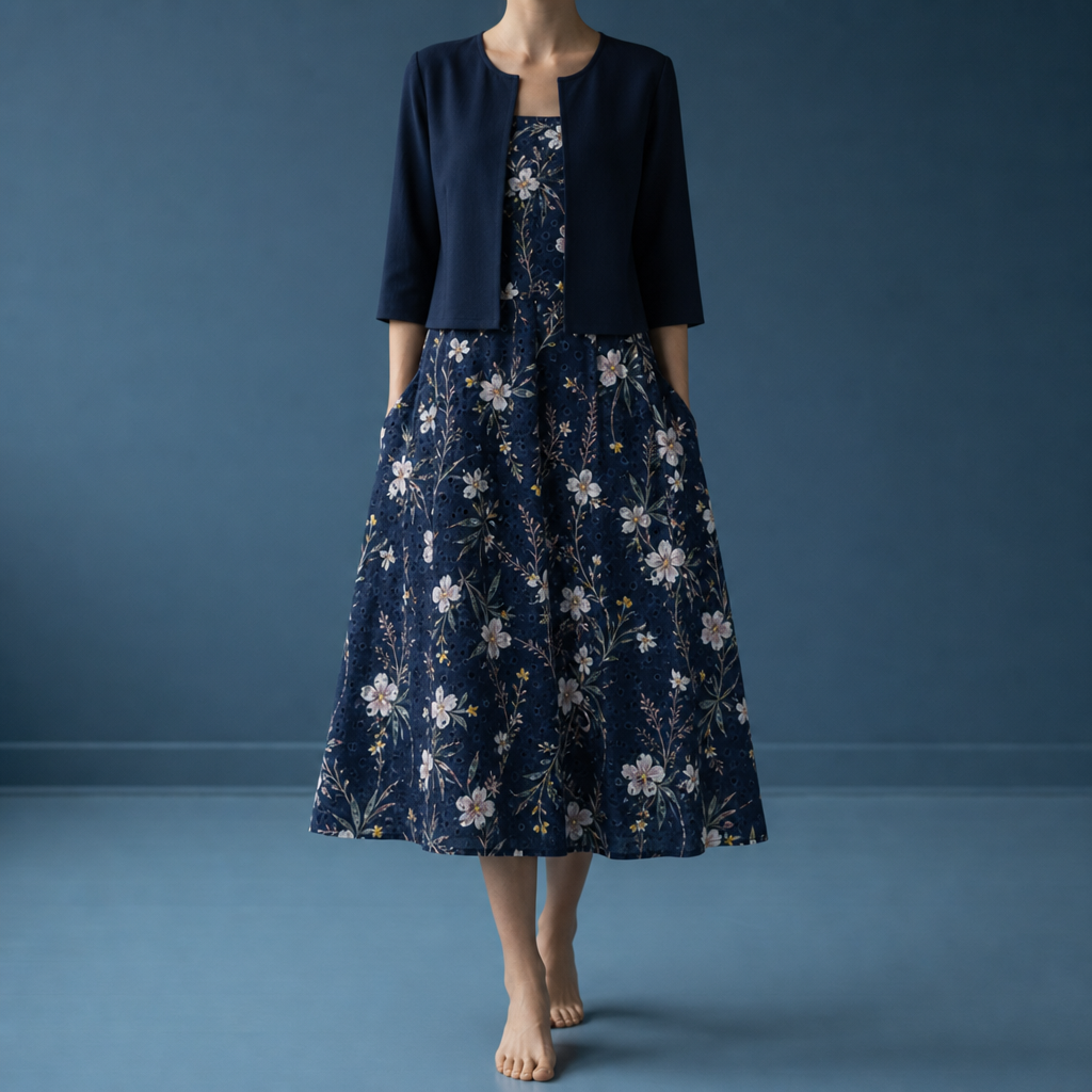 Skyros Floral Midi Dress Set in Dark Blue