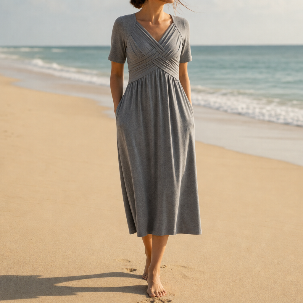 Ajaccio Ruched V-Neck Midi Dress in Gray