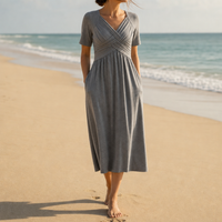 Ajaccio Ruched V-Neck Midi Dress in Gray
