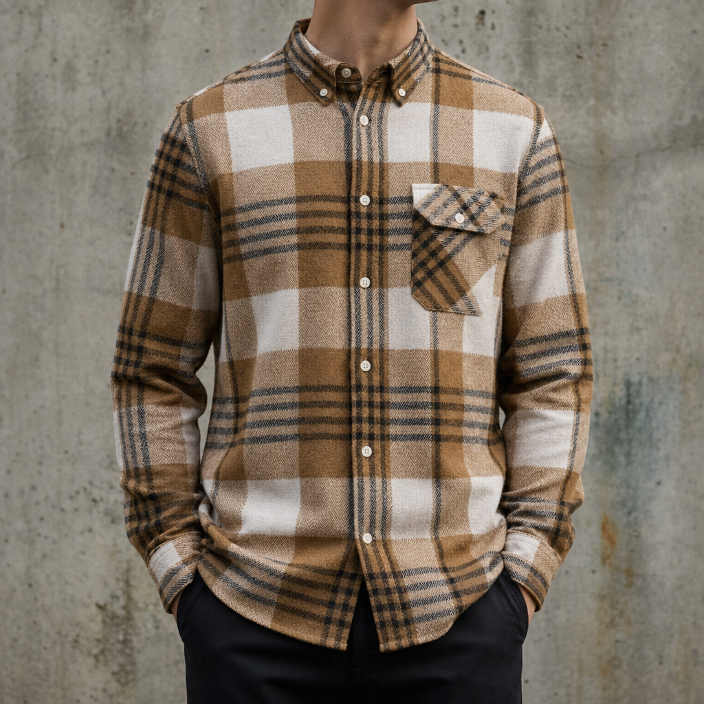 Serifos Plaid Flannel Shirt in Khaki