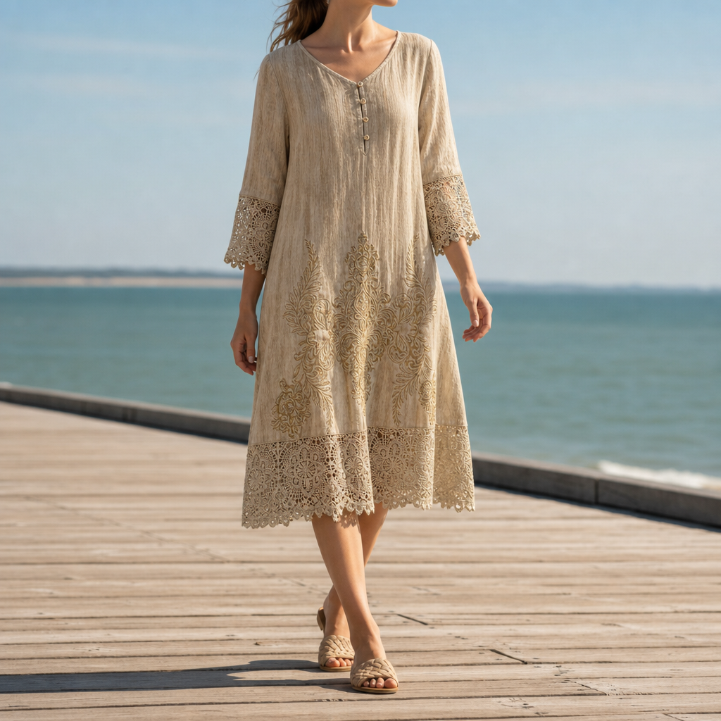 Lourmarin Lace Trim Boho Dress in Khaki