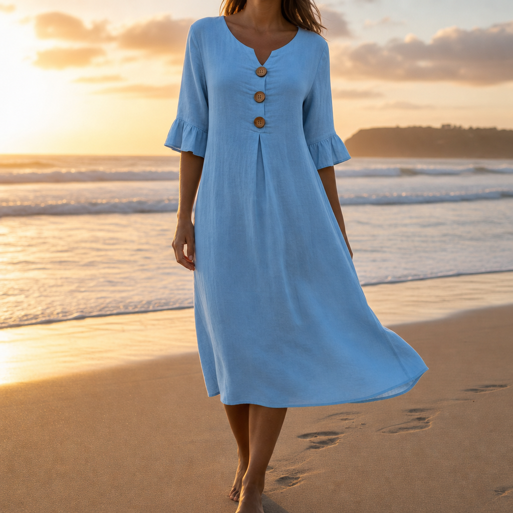 Calvi Button Front Midi Dress in Light Blue