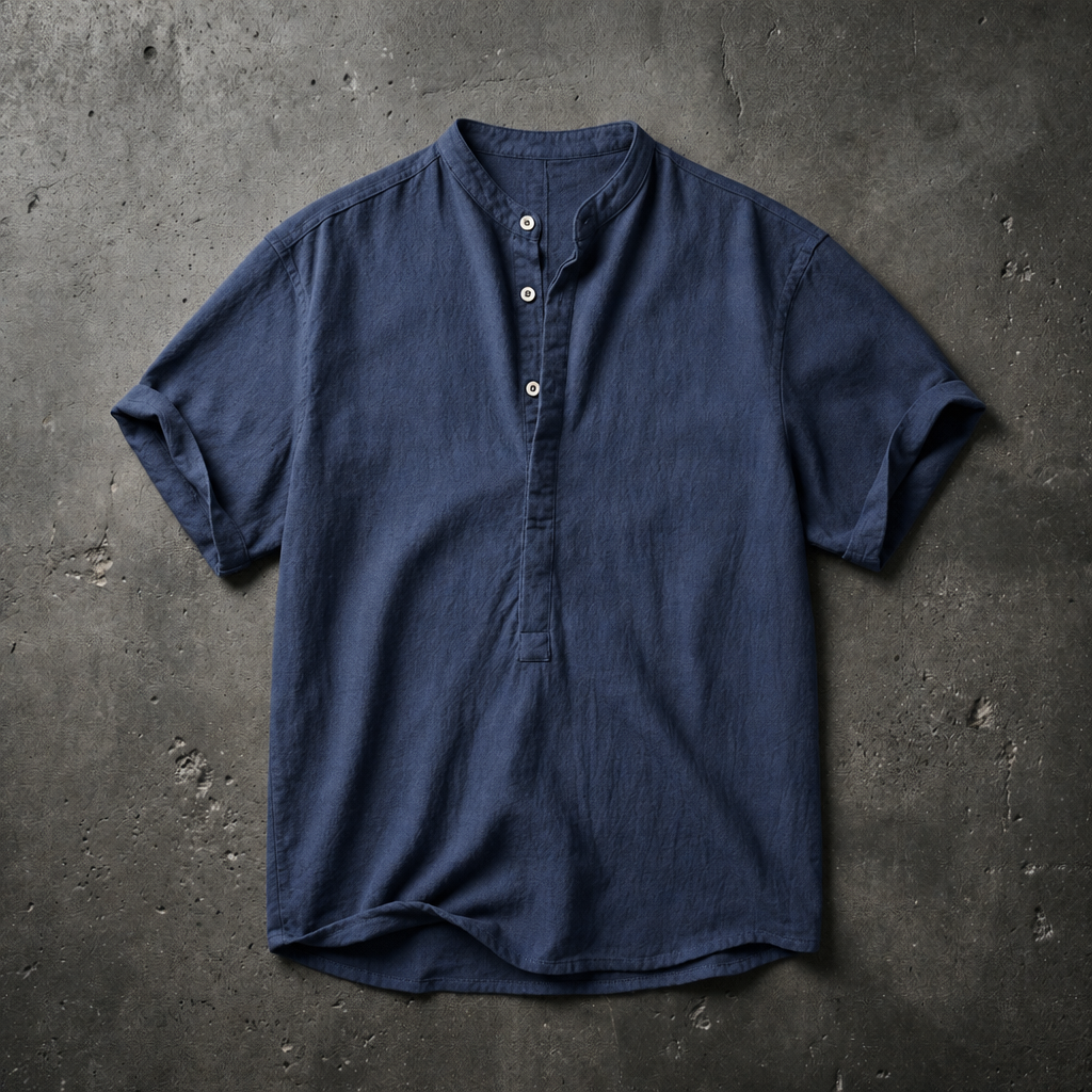 Otranto Linen Henley Shirt in Navy Blue