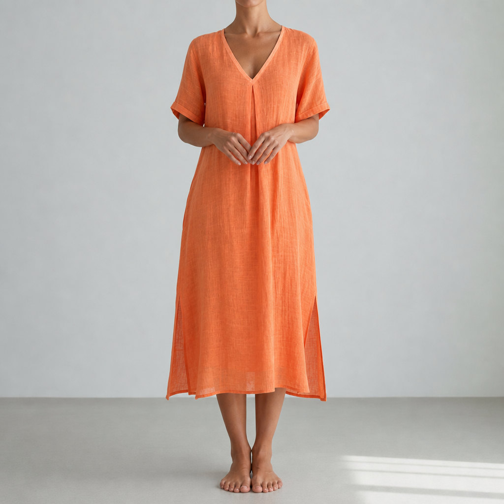 Kyrenia Relaxed Linen Midi Dress in Orange