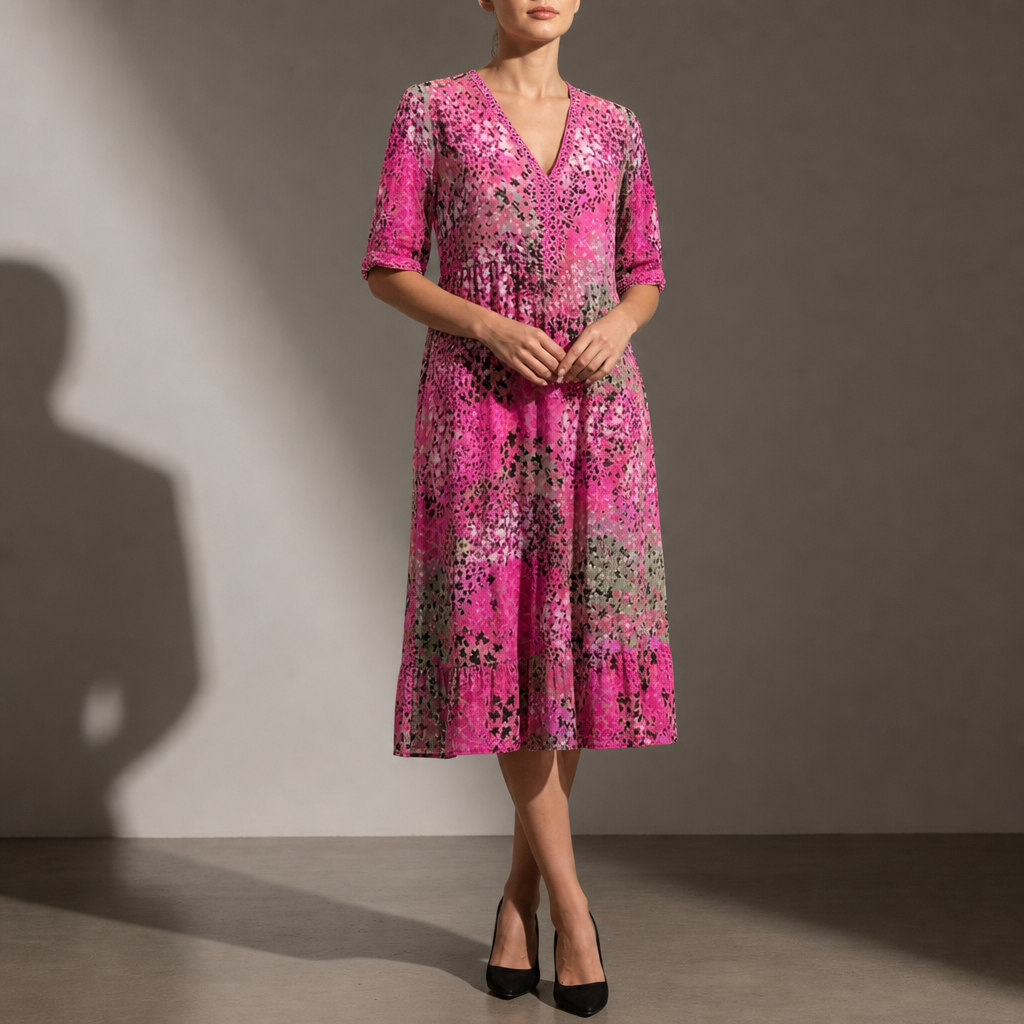 Gordes Floral Print Midi Dress in Pink