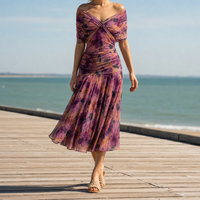 Nazare Floral Off-Shoulder Midi Dress in Purple