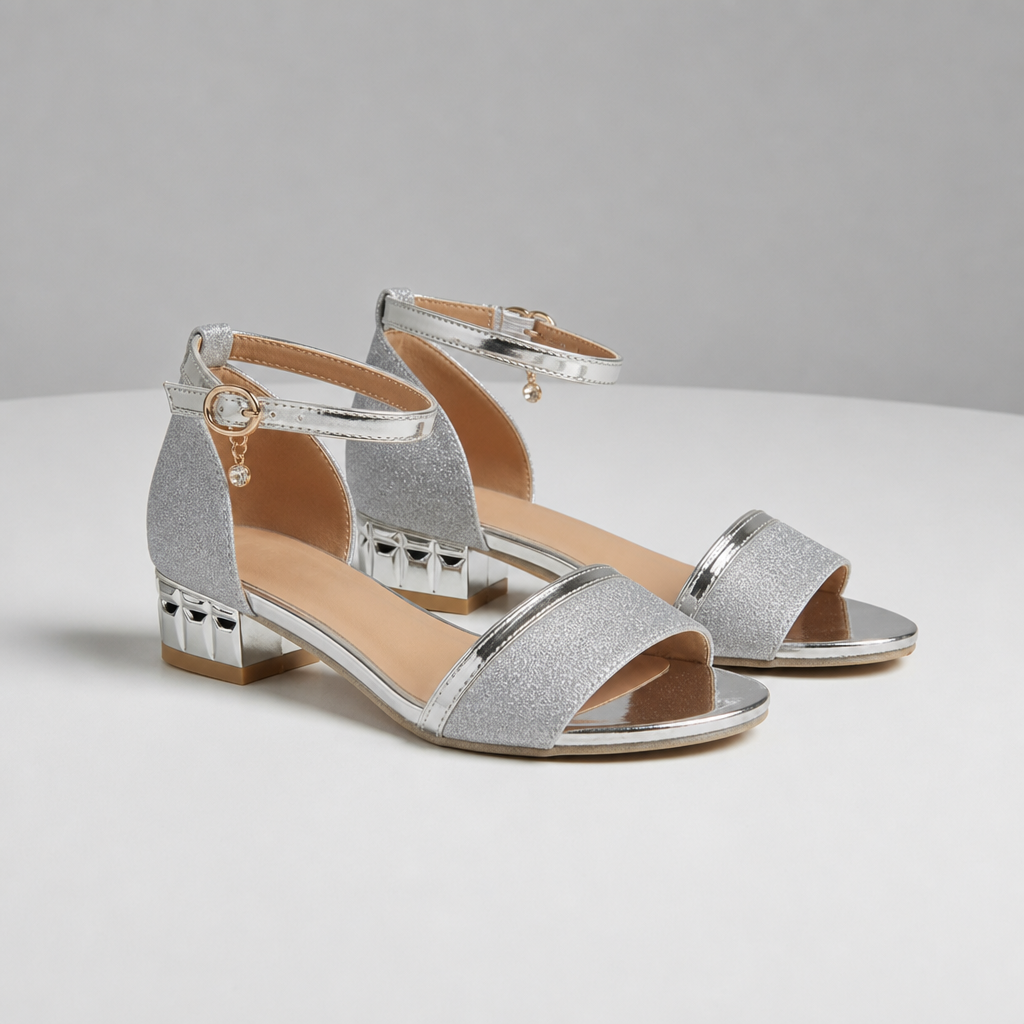 Estoril Glitter Block Heel Sandals in Silver