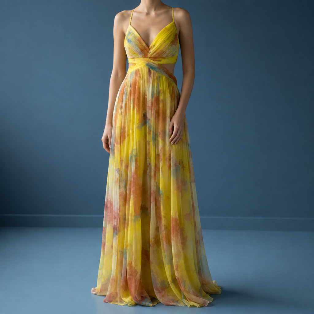 Formentera Floral Chiffon Maxi Dress in Yellow