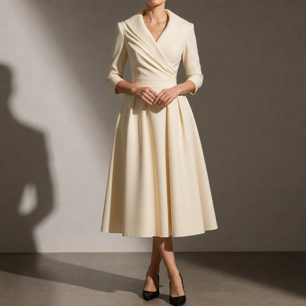 Skyros Elegant Satin Midi Dress in Beige