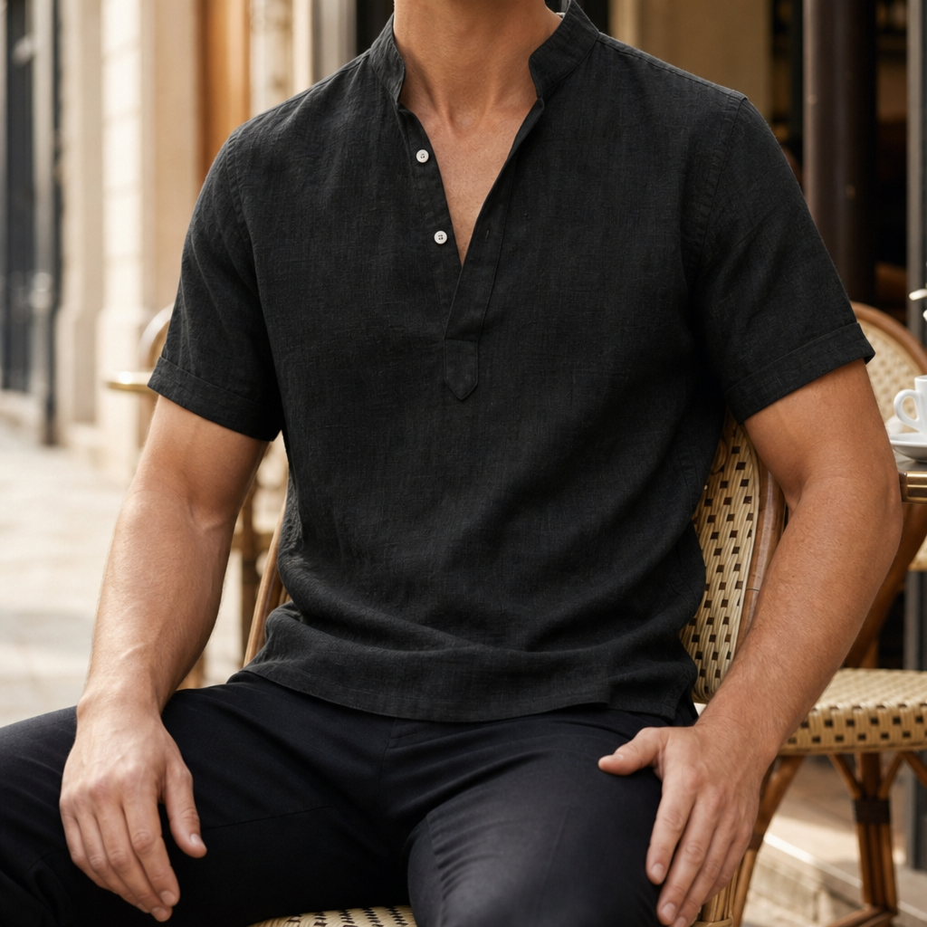 Kea Linen Henley Shirt in Black