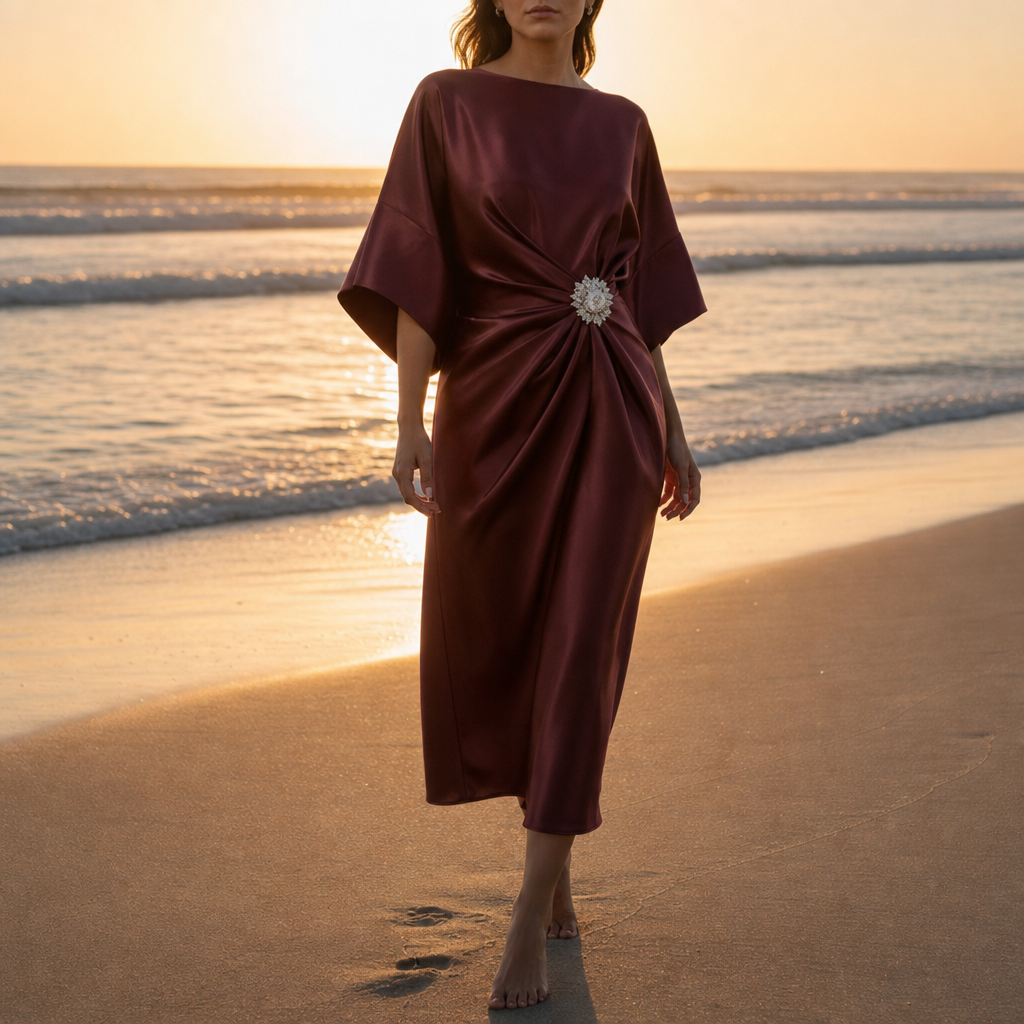 Montalcino Satin Batwing Midi Dress in Claret