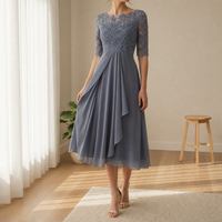 Cadiz Lace Chiffon Midi Dress in Gray