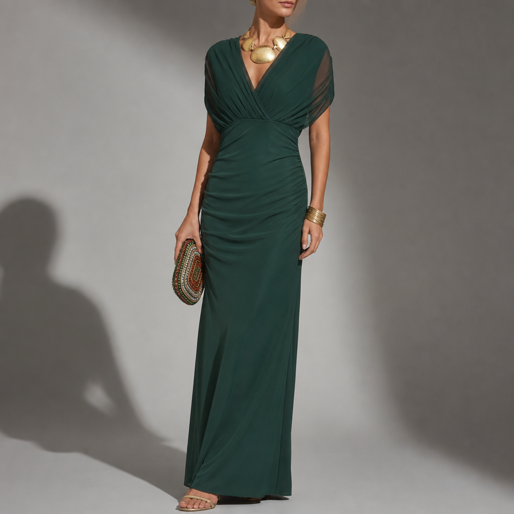 Astypalaia Off-Shoulder Ruched Maxi Dress in Green