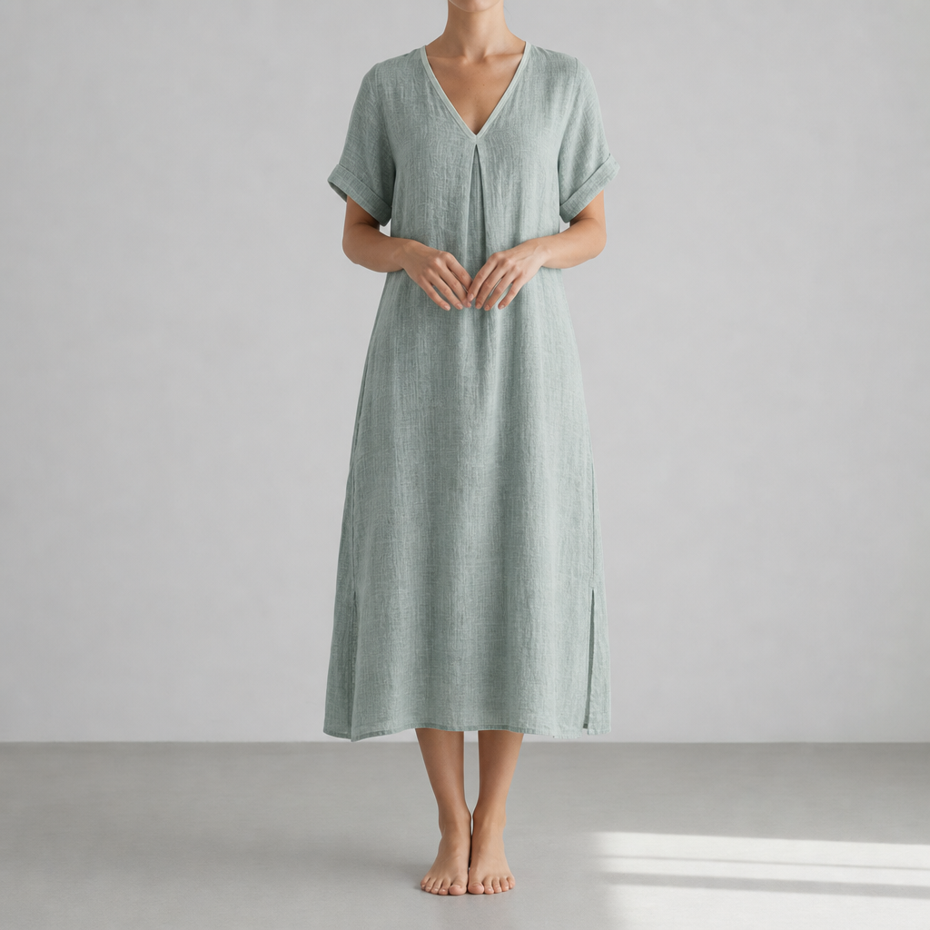 Kyrenia Relaxed Linen Midi Dress in Light Green
