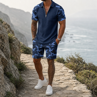 Makarska Camo Zip Polo Set in Navy Blue