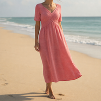 Ajaccio Ruched V-Neck Midi Dress in Pink