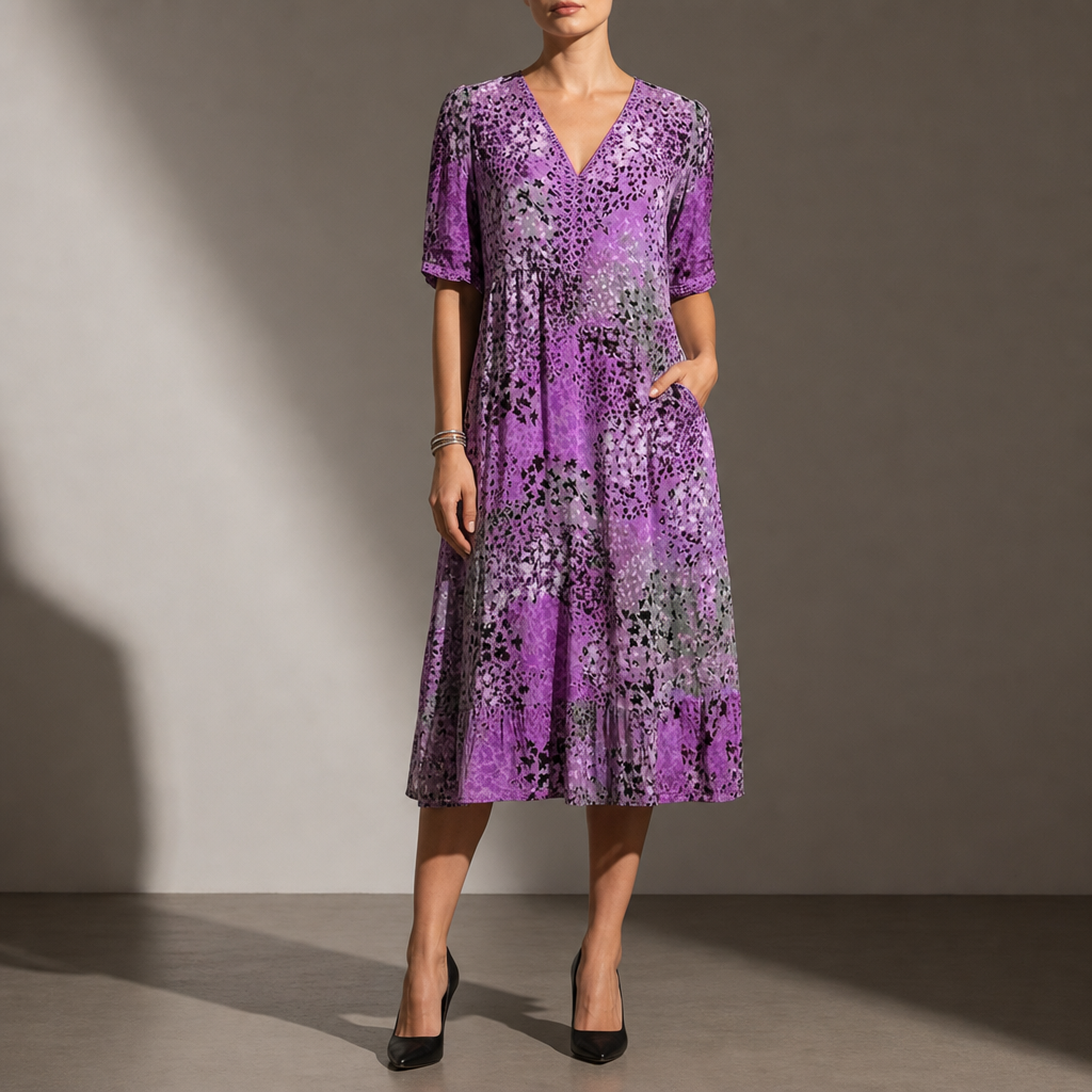 Gordes Floral Print Midi Dress in Purple