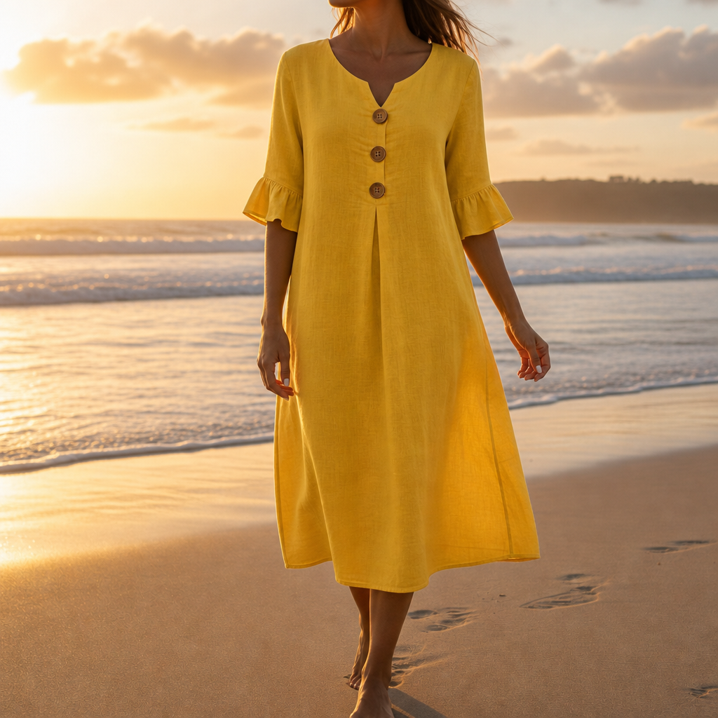 Calvi Button Front Midi Dress in Yellow