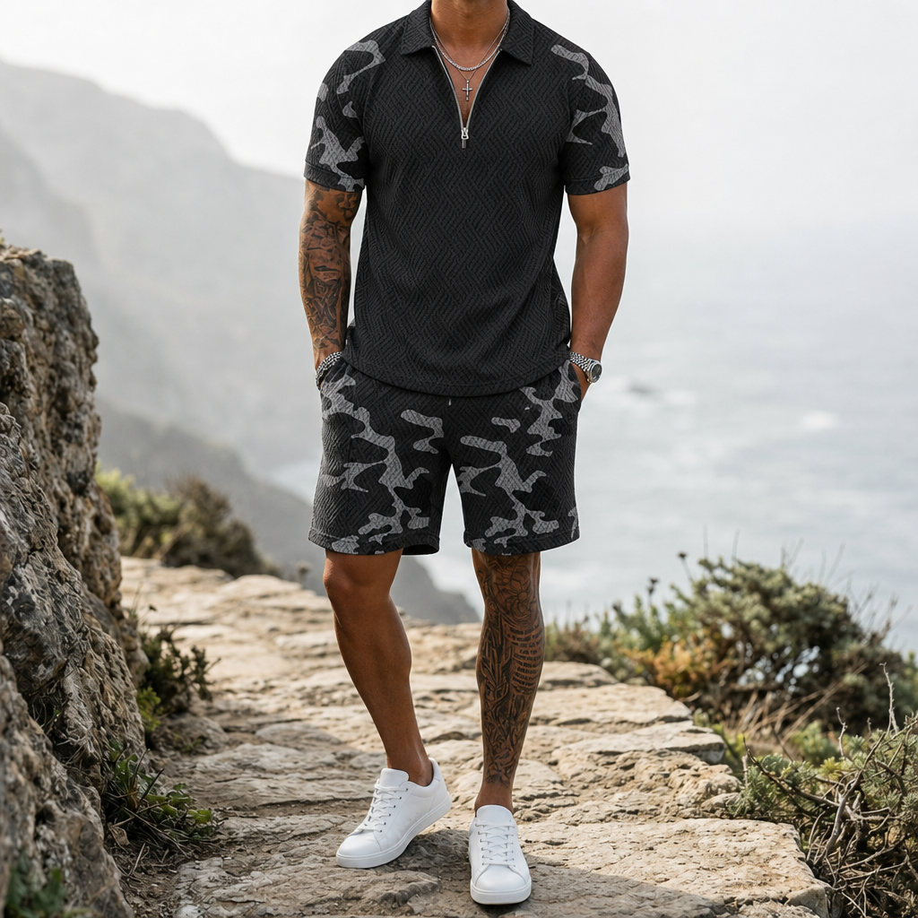 Makarska Camo Zip Polo Set in Black
