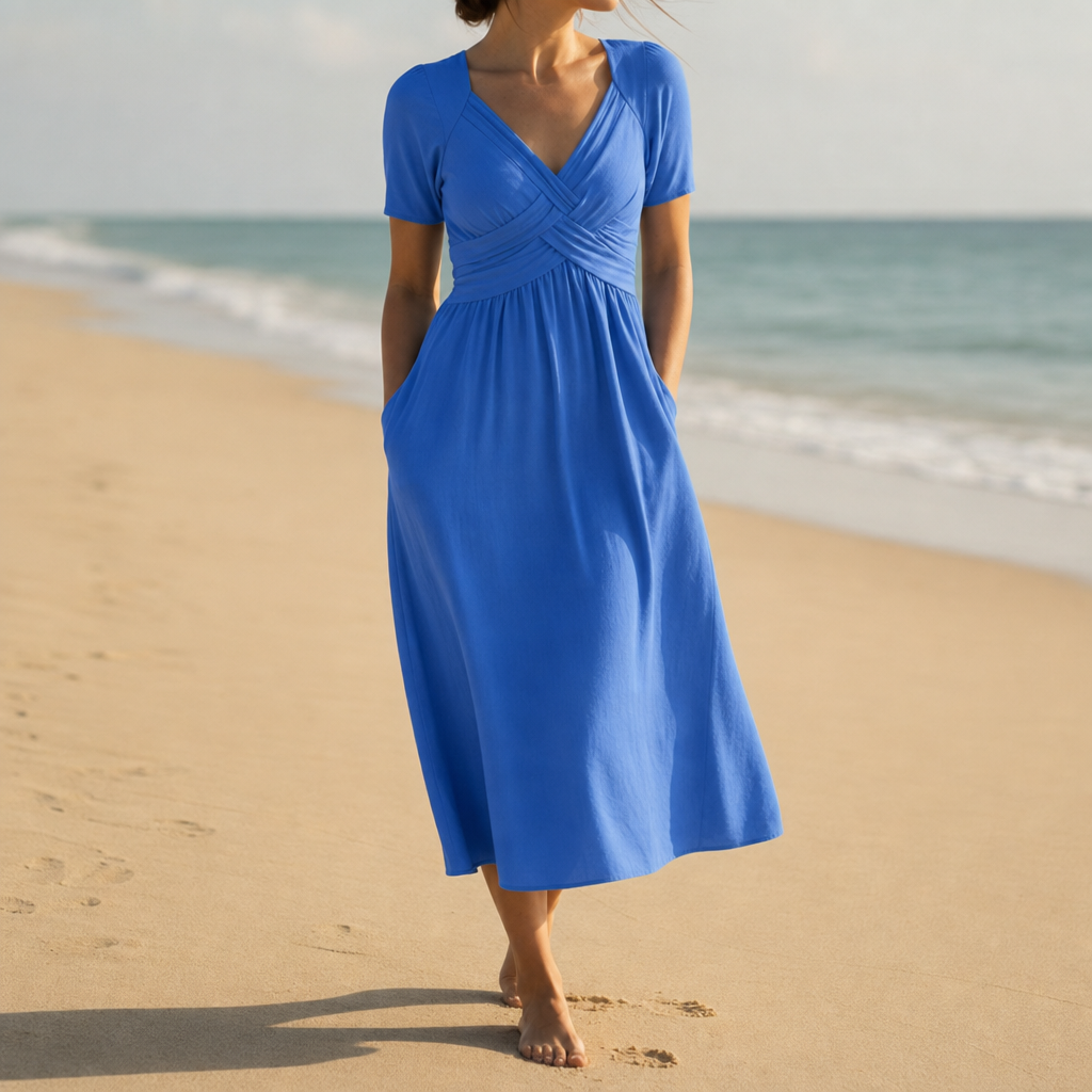 Ajaccio Ruched V-Neck Midi Dress in Blue