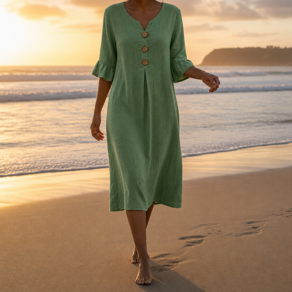 Calvi Button Front Midi Dress in Green