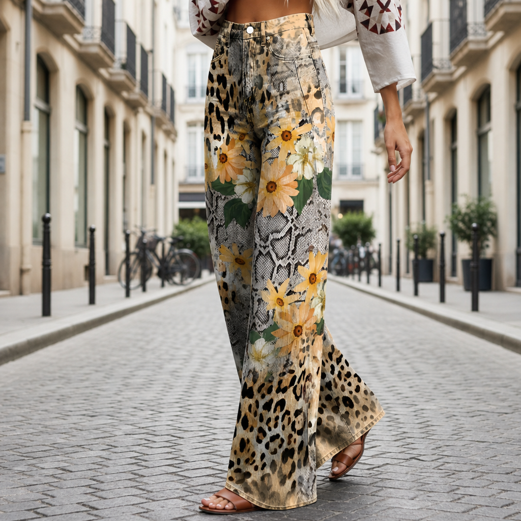 Comino Floral Wide-Leg Jeans in Leopards