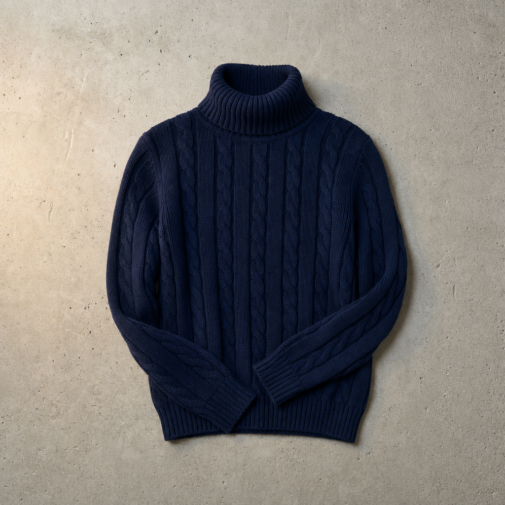 Hondarribia Cable Knit Turtleneck Sweater in Navy Blue