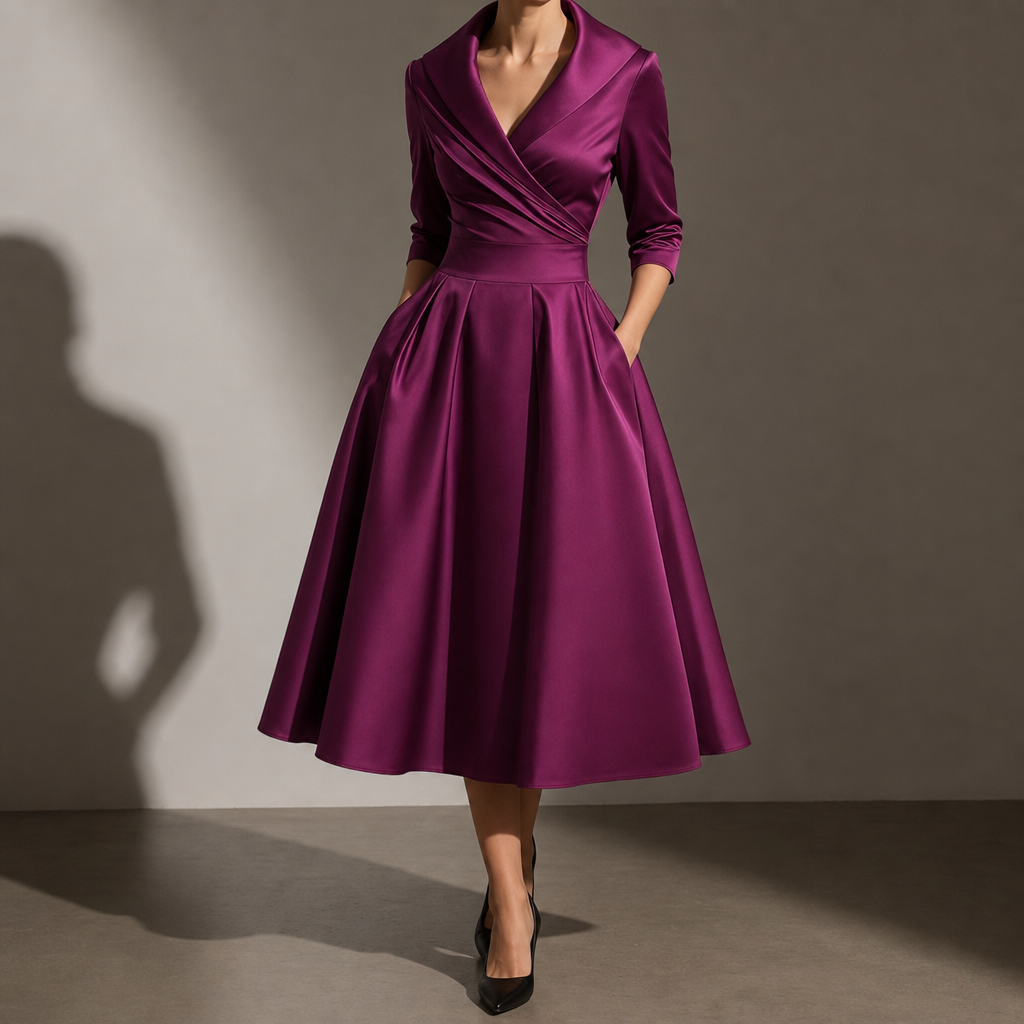 Skyros Elegant Satin Midi Dress in Purple