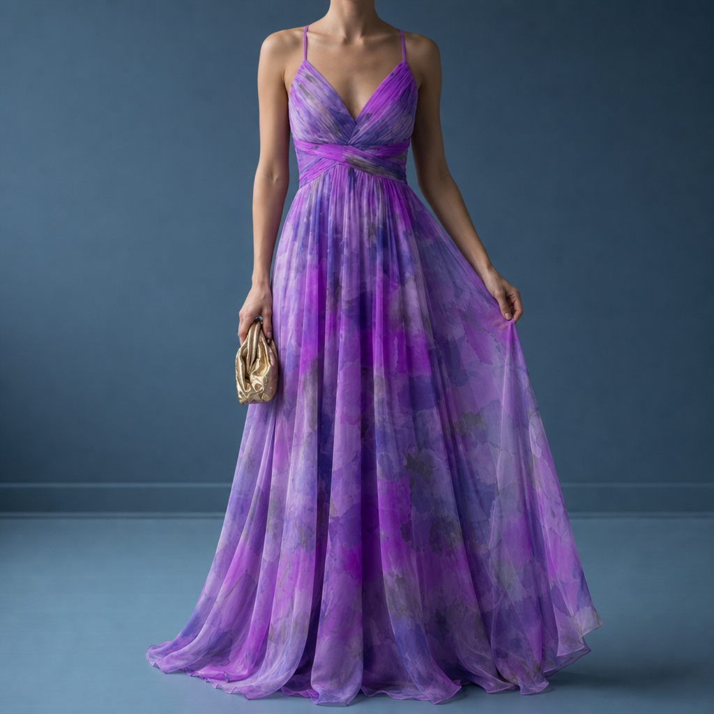 Formentera Floral Chiffon Maxi Dress in Purple