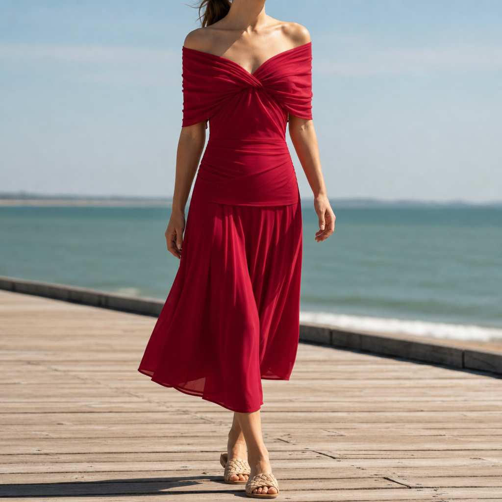 Nazare Floral Off-Shoulder Midi Dress in Red