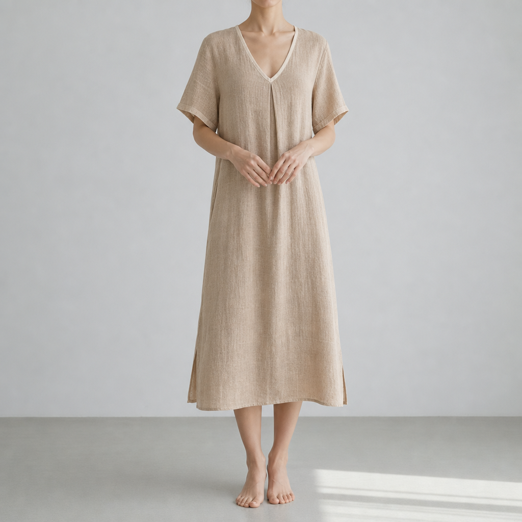 Kyrenia Relaxed Linen Midi Dress in Beige