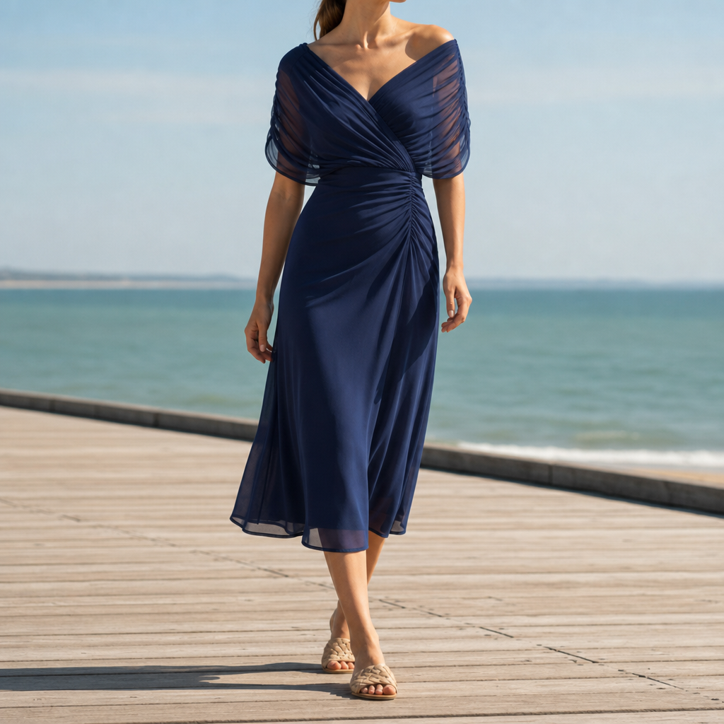 Nazare Floral Off-Shoulder Midi Dress in Blue
